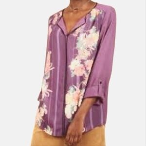 ModCloth Blouse Purple Floral Button Up W/ Roll Tab Sleeves
